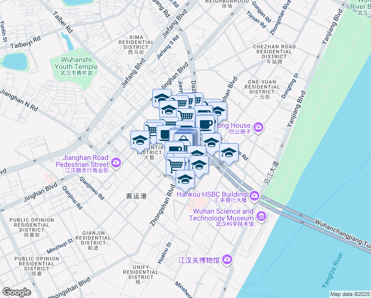 map of restaurants, bars, coffee shops, grocery stores, and more near Zhong Shan Da Dao in Wuhan Shi