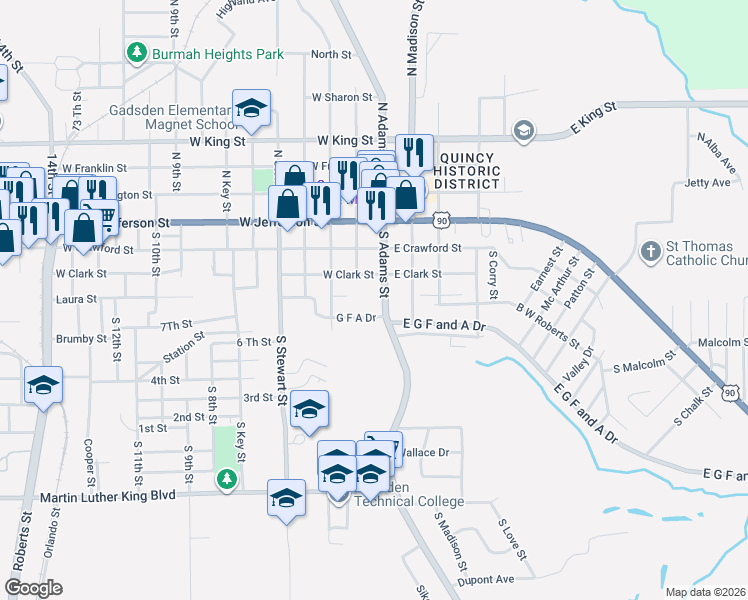 map of restaurants, bars, coffee shops, grocery stores, and more near 230 South Adams Street in Quincy