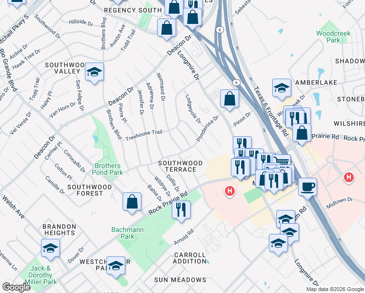 map of restaurants, bars, coffee shops, grocery stores, and more near 3104 Normand Drive in College Station