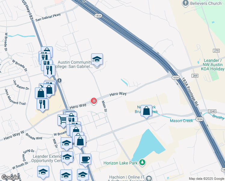 map of restaurants, bars, coffee shops, grocery stores, and more near 1680 Hero Way in Leander