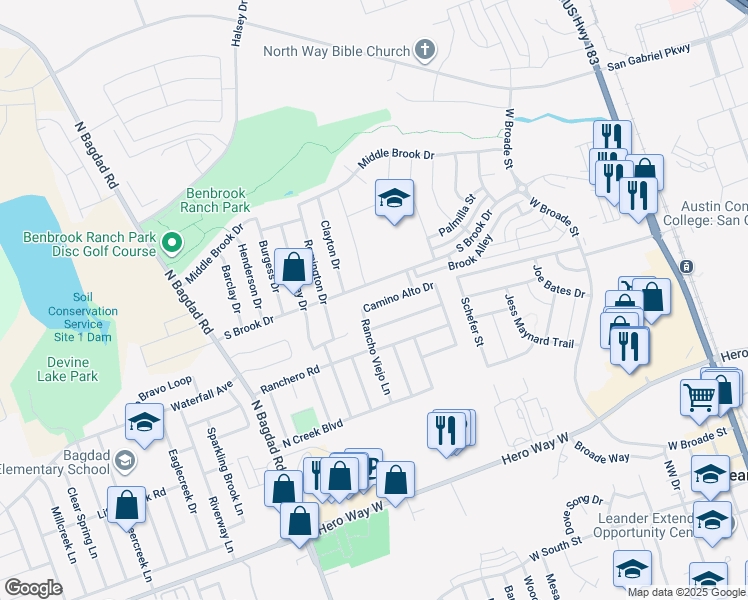 map of restaurants, bars, coffee shops, grocery stores, and more near 717 Camino Alto Drive in Leander