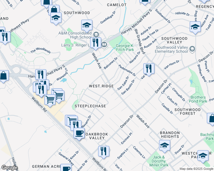 map of restaurants, bars, coffee shops, grocery stores, and more near 614 Navarro Drive in College Station