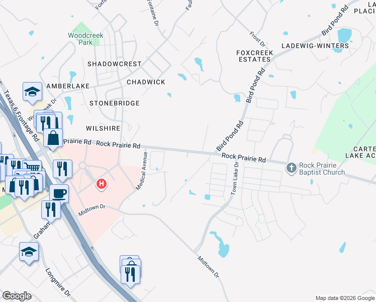 map of restaurants, bars, coffee shops, grocery stores, and more near 3716 Rock Prairie Road in College Station