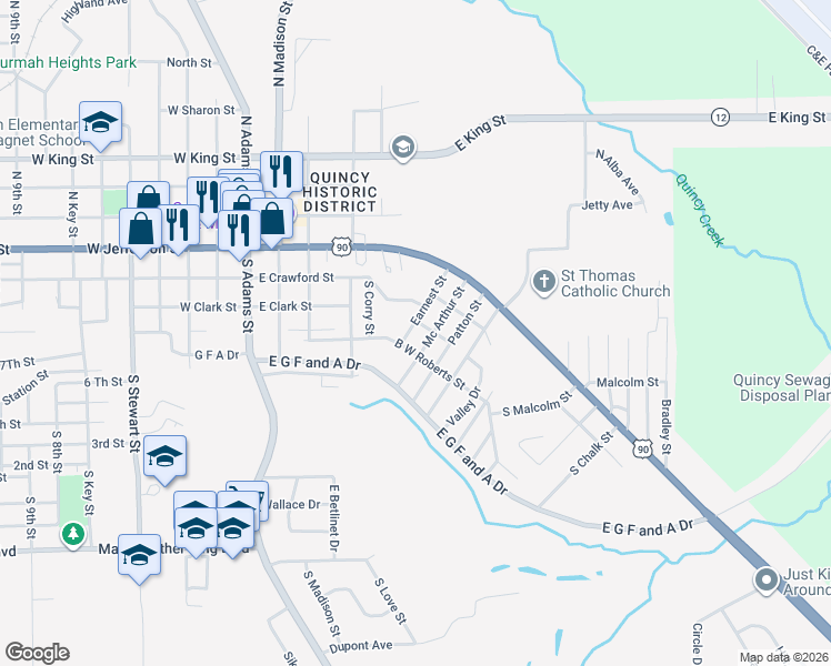 map of restaurants, bars, coffee shops, grocery stores, and more near 210 Mc Arthur Street in Quincy