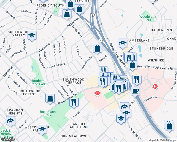 map of restaurants, bars, coffee shops, grocery stores, and more near 3329 Bluestem Circle in College Station