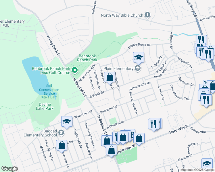 map of restaurants, bars, coffee shops, grocery stores, and more near 1006 Burgess Drive in Leander