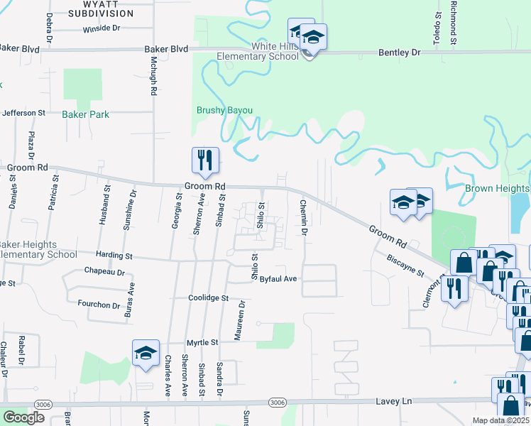 map of restaurants, bars, coffee shops, grocery stores, and more near 1110 Shilo Street in Baker