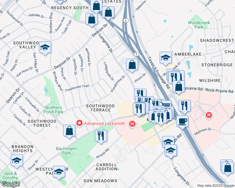 map of restaurants, bars, coffee shops, grocery stores, and more near 3329 Bluestem Circle in College Station