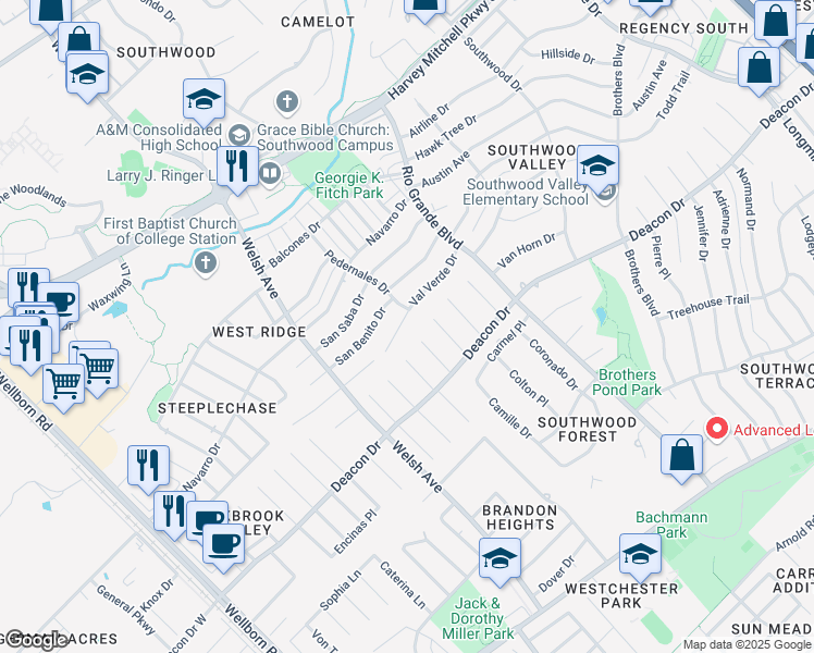 map of restaurants, bars, coffee shops, grocery stores, and more near 812 Val Verde Drive in College Station
