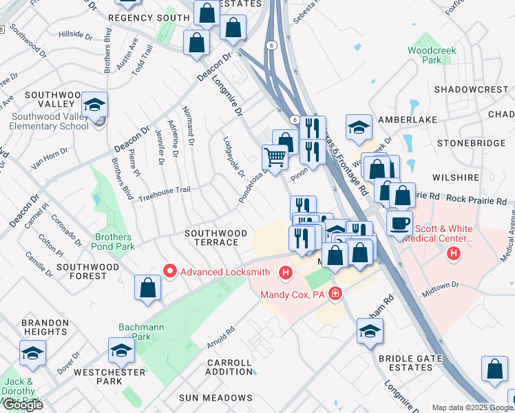 map of restaurants, bars, coffee shops, grocery stores, and more near 3317 Bluestem Circle in College Station
