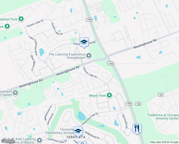 map of restaurants, bars, coffee shops, grocery stores, and more near 4750 Scenic Lake Drive in Georgetown