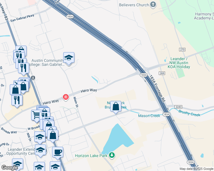 map of restaurants, bars, coffee shops, grocery stores, and more near 2012 Hero Way in Leander