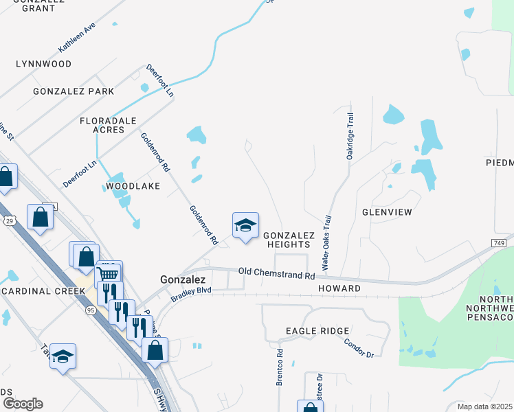 map of restaurants, bars, coffee shops, grocery stores, and more near 1301 Wyman Lane in Cantonment