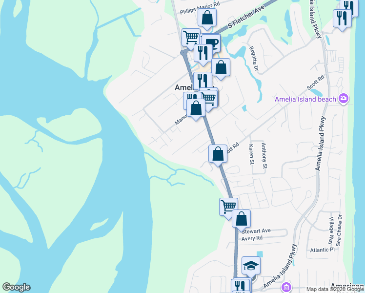 map of restaurants, bars, coffee shops, grocery stores, and more near 1286 Quattlefield Lane in Fernandina Beach