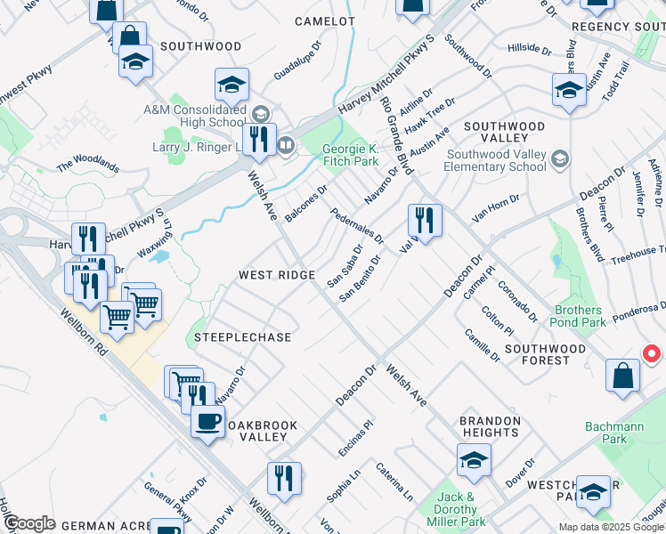map of restaurants, bars, coffee shops, grocery stores, and more near 708 Navarro Drive in College Station