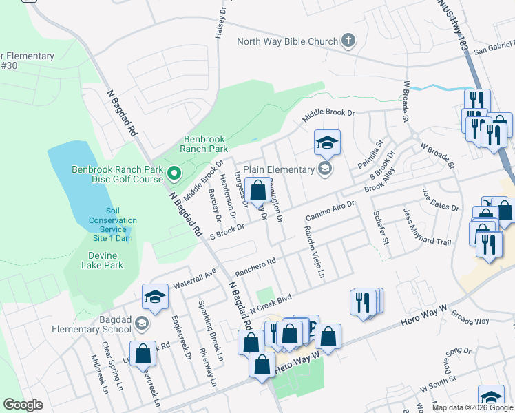 map of restaurants, bars, coffee shops, grocery stores, and more near 1007 Whitley Drive in Leander