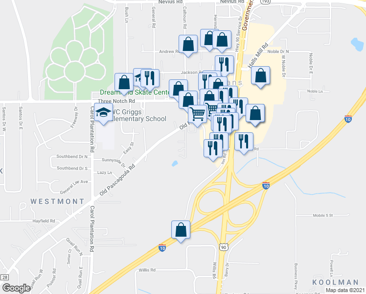 map of restaurants, bars, coffee shops, grocery stores, and more near 5725 Old Pascagoula Road in Mobile