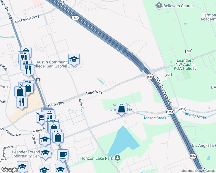 map of restaurants, bars, coffee shops, grocery stores, and more near 680 Naumann Drive in Leander