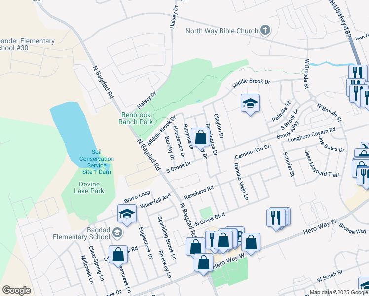 map of restaurants, bars, coffee shops, grocery stores, and more near 1003 Burgess Drive in Leander