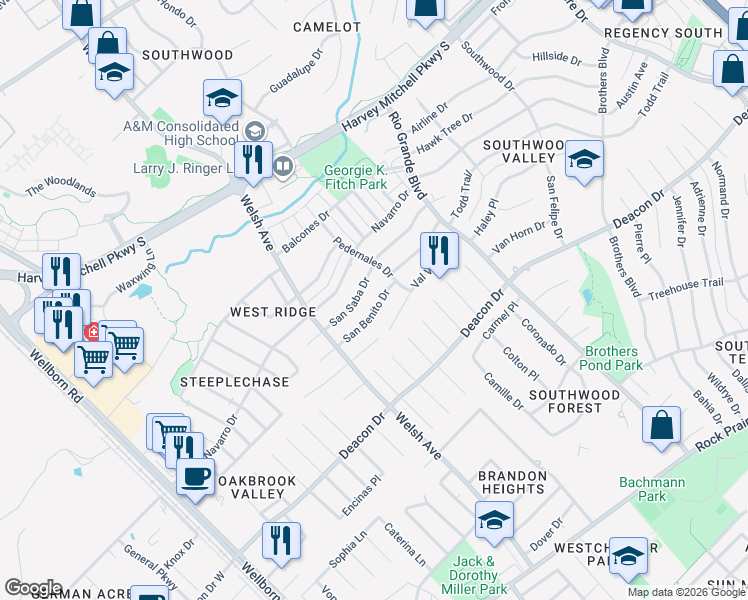 map of restaurants, bars, coffee shops, grocery stores, and more near 802 San Benito Drive in College Station