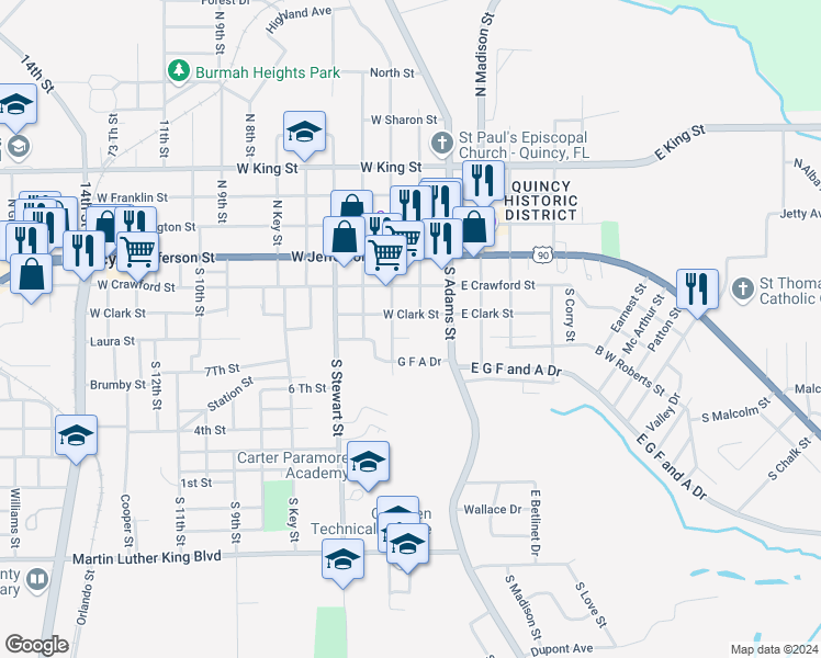 map of restaurants, bars, coffee shops, grocery stores, and more near 229 South Jackson Street in Quincy