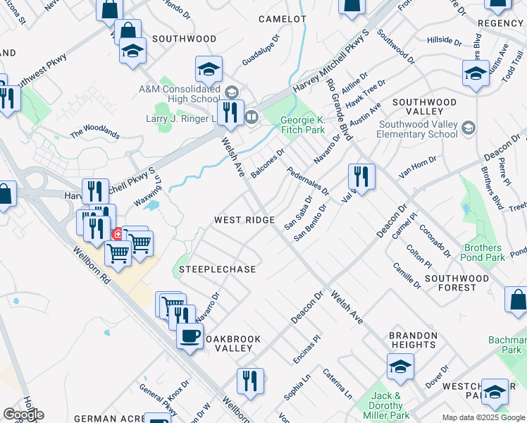 map of restaurants, bars, coffee shops, grocery stores, and more near 614 Navarro Drive in College Station
