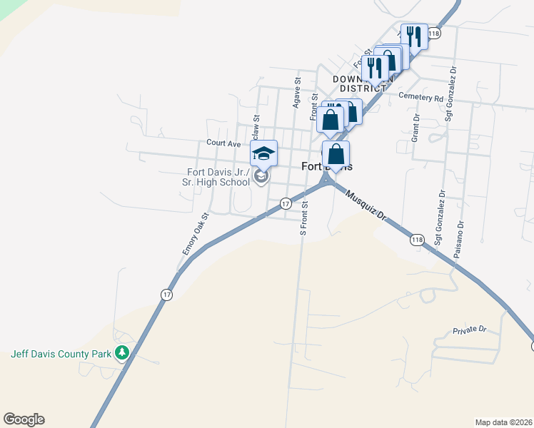 map of restaurants, bars, coffee shops, grocery stores, and more near 212 West Urquhart Avenue in Fort Davis