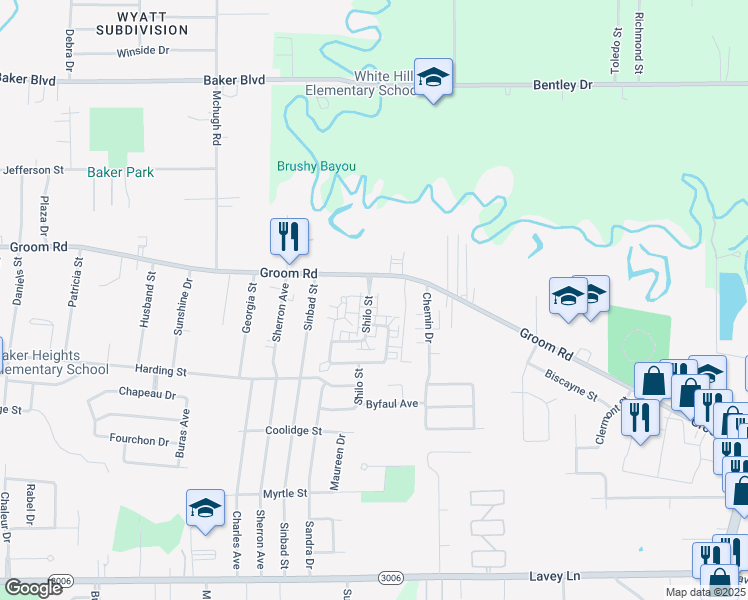 map of restaurants, bars, coffee shops, grocery stores, and more near 5240 Groom Road in Baker