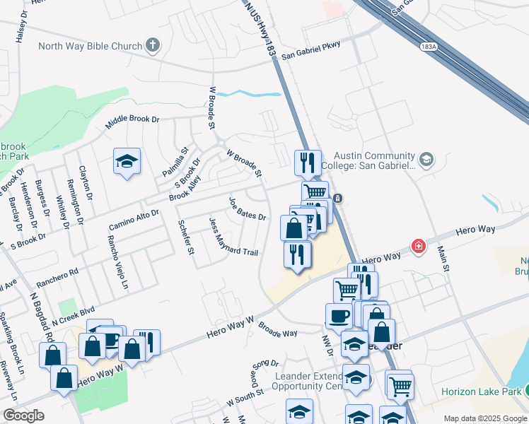 map of restaurants, bars, coffee shops, grocery stores, and more near 983 West Broade Street in Leander