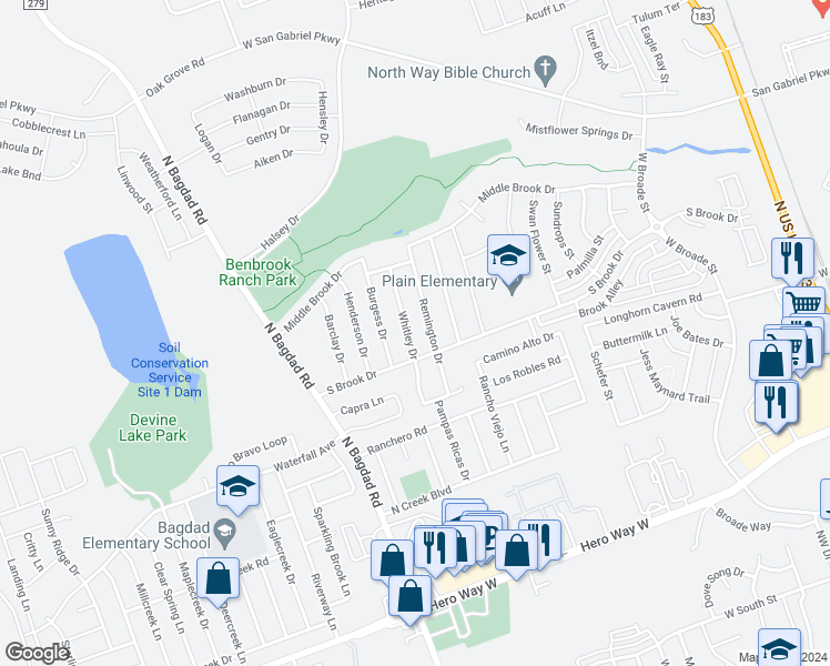 map of restaurants, bars, coffee shops, grocery stores, and more near 1008 Whitley Drive in Leander