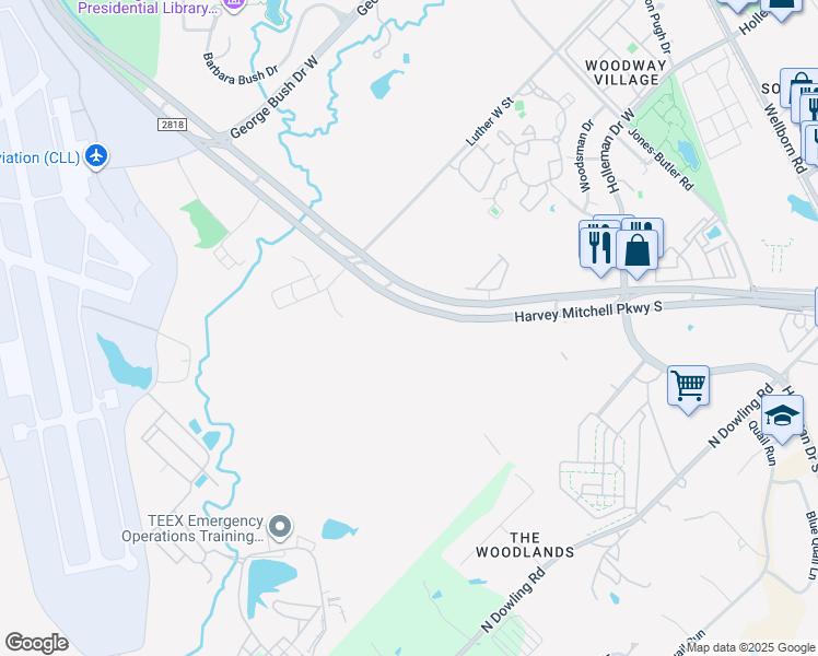 map of restaurants, bars, coffee shops, grocery stores, and more near 1270 Harvey Mitchell Parkway South in College Station