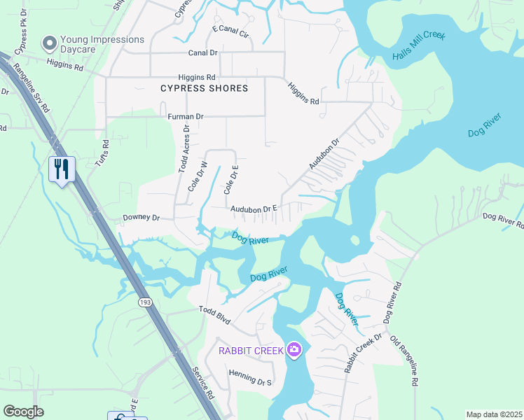 map of restaurants, bars, coffee shops, grocery stores, and more near Audubon Drive East in Mobile