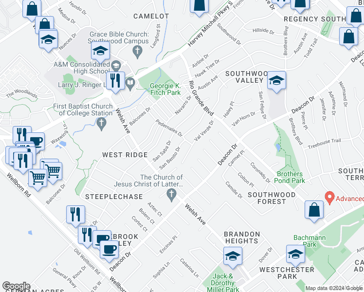map of restaurants, bars, coffee shops, grocery stores, and more near 822 San Benito Drive in College Station
