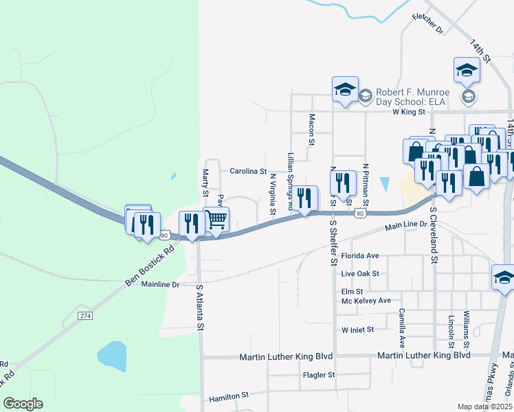 map of restaurants, bars, coffee shops, grocery stores, and more near East Pavillion Drive in Quincy