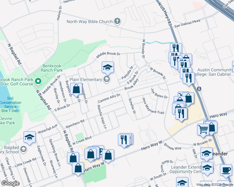 map of restaurants, bars, coffee shops, grocery stores, and more near 605 Camino Alto Drive in Leander