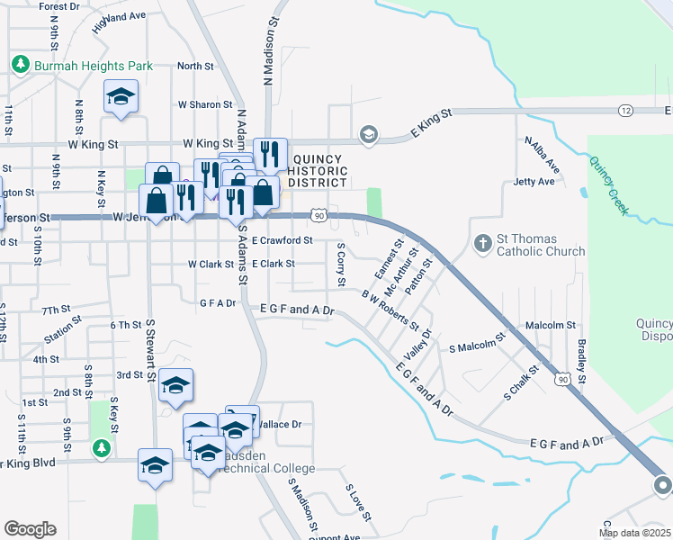 map of restaurants, bars, coffee shops, grocery stores, and more near 234 East Clark Street in Quincy