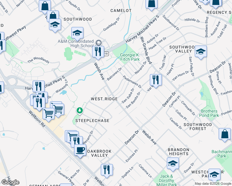 map of restaurants, bars, coffee shops, grocery stores, and more near 705 San Pedro Drive in College Station