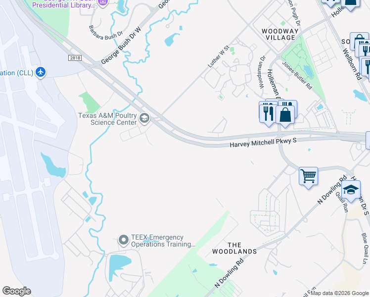 map of restaurants, bars, coffee shops, grocery stores, and more near 1270 Harvey Mitchell Parkway South in College Station
