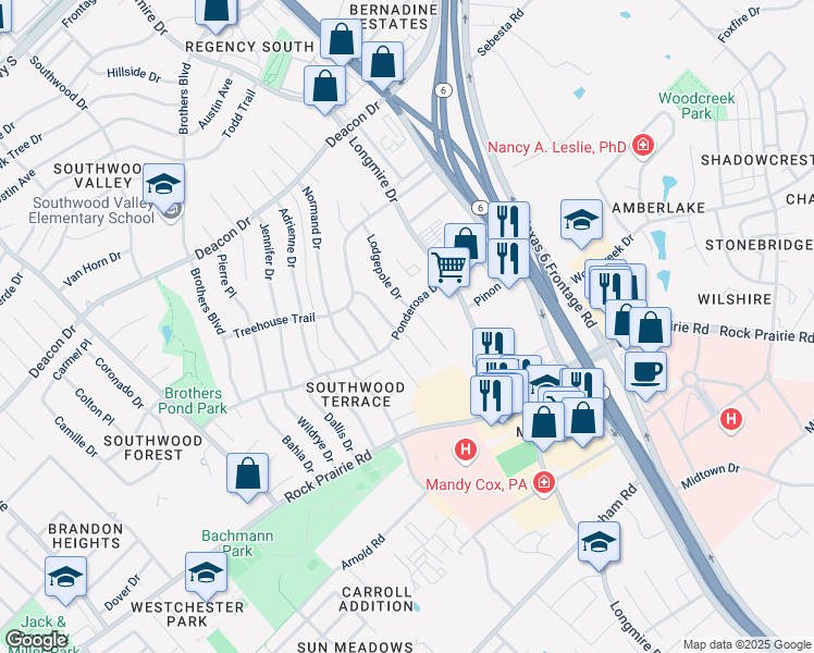 map of restaurants, bars, coffee shops, grocery stores, and more near 3103 Bluestem Drive in College Station