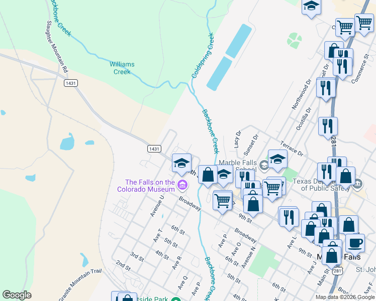 map of restaurants, bars, coffee shops, grocery stores, and more near 901 Avenue U in Marble Falls