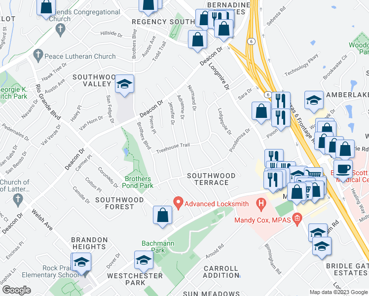map of restaurants, bars, coffee shops, grocery stores, and more near 3000 Adrienne Drive in College Station