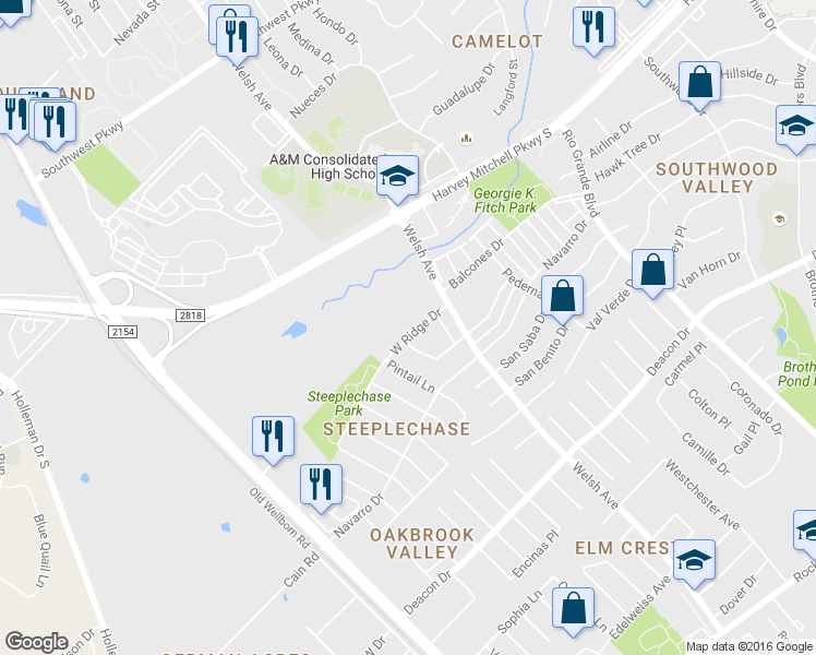 map of restaurants, bars, coffee shops, grocery stores, and more near 611 West Ridge Drive in College Station