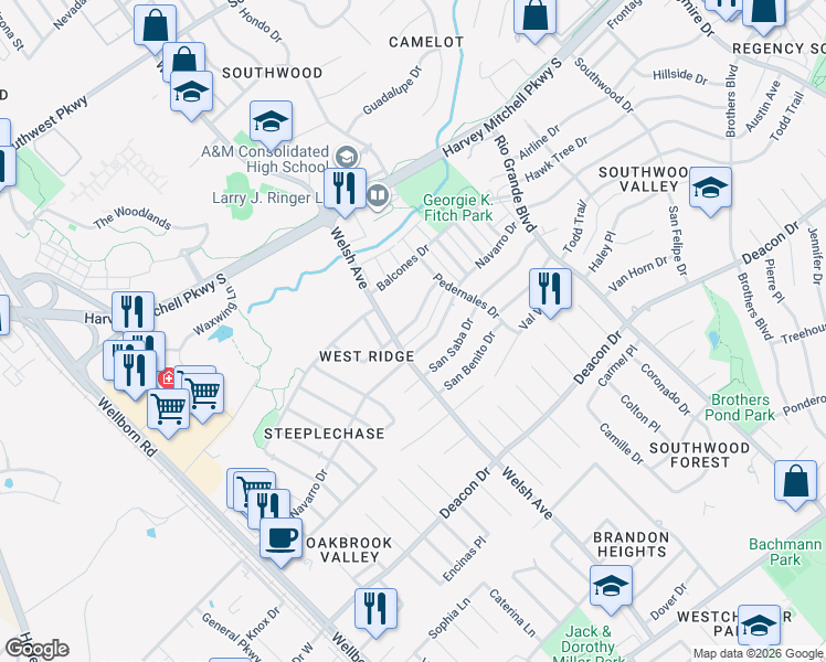 map of restaurants, bars, coffee shops, grocery stores, and more near 705 San Pedro Drive in College Station