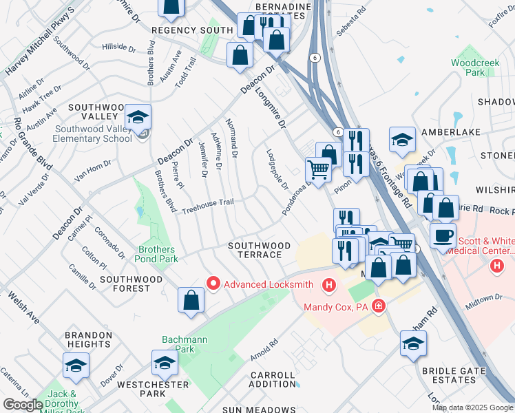 map of restaurants, bars, coffee shops, grocery stores, and more near 3003 Longleaf Drive in College Station