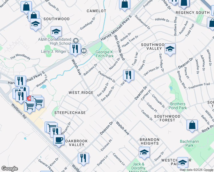 map of restaurants, bars, coffee shops, grocery stores, and more near 824 San Saba Drive in College Station