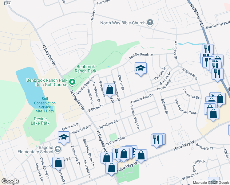map of restaurants, bars, coffee shops, grocery stores, and more near 1011 Remington Drive in Leander