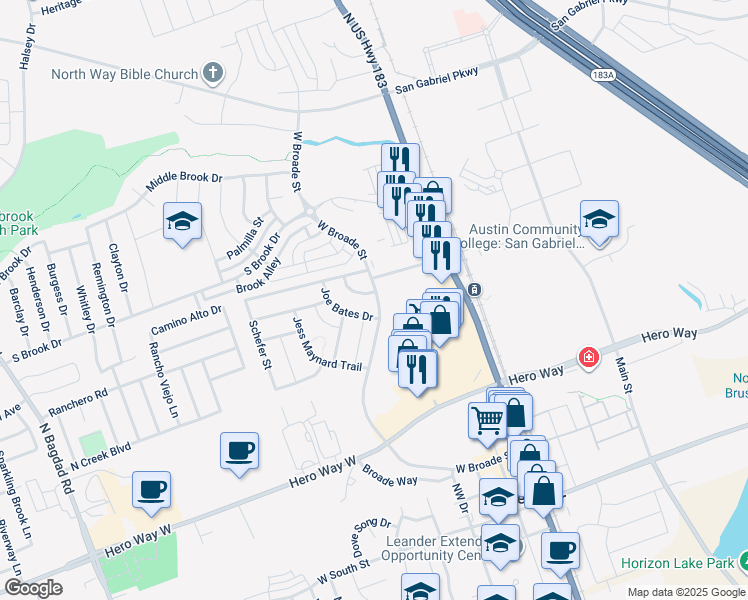 map of restaurants, bars, coffee shops, grocery stores, and more near 983 West Broade Street in Leander