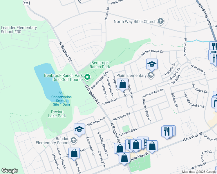 map of restaurants, bars, coffee shops, grocery stores, and more near 1105 Henderson Drive in Leander