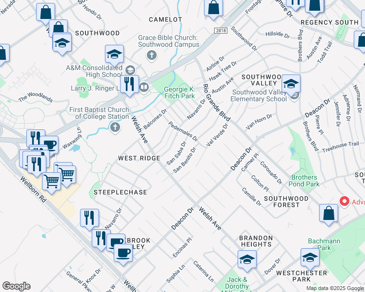 map of restaurants, bars, coffee shops, grocery stores, and more near 811 San Saba Drive in College Station