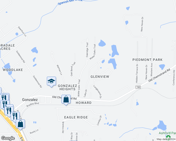 map of restaurants, bars, coffee shops, grocery stores, and more near 1201 Lake Drive in Cantonment